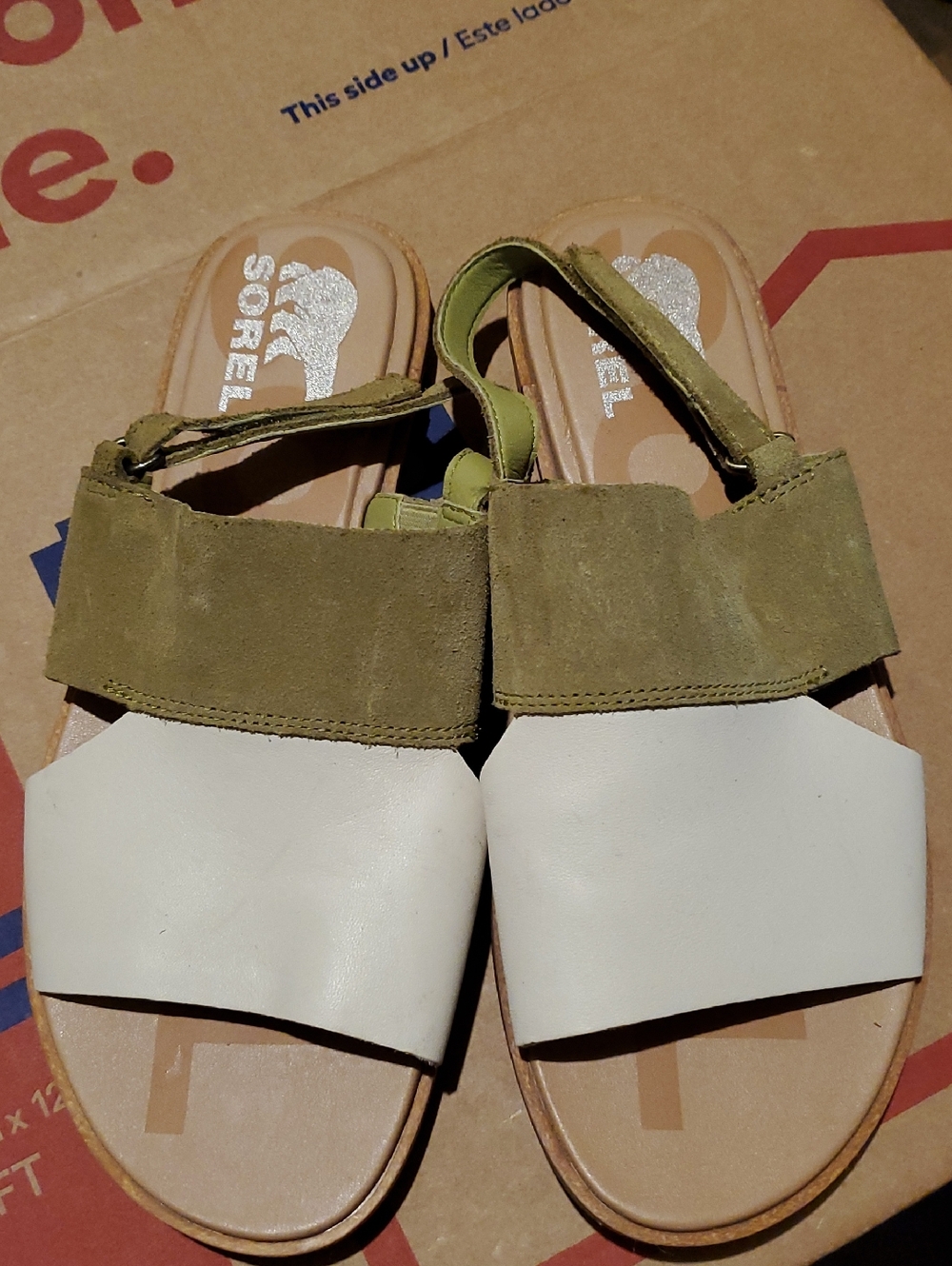 Sorel Olive Suede and Cream Leather Slingback Sandals Womens 8